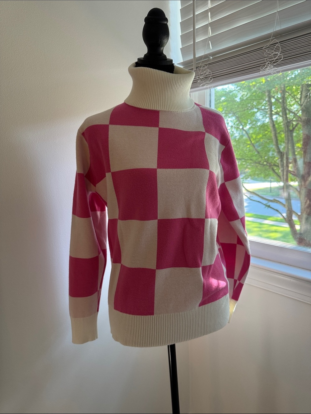 Checkerboard Pink & Cream Turtleneck Sweater